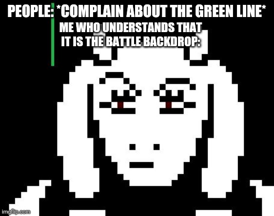Undertale - Toriel | PEOPLE: *COMPLAIN ABOUT THE GREEN LINE*; ME WHO UNDERSTANDS THAT IT IS THE BATTLE BACKDROP: | image tagged in undertale - toriel | made w/ Imgflip meme maker