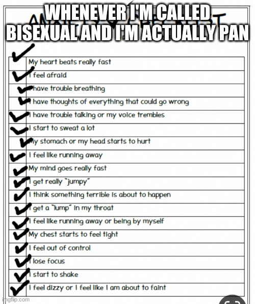 Anxiety | WHENEVER I'M CALLED BISEXUAL AND I'M ACTUALLY PAN | image tagged in anxiety | made w/ Imgflip meme maker