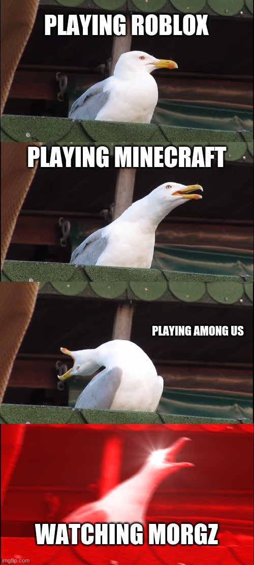 Inhaling Seagull | PLAYING ROBLOX; PLAYING MINECRAFT; PLAYING AMONG US; WATCHING MORGZ | image tagged in memes,inhaling seagull | made w/ Imgflip meme maker