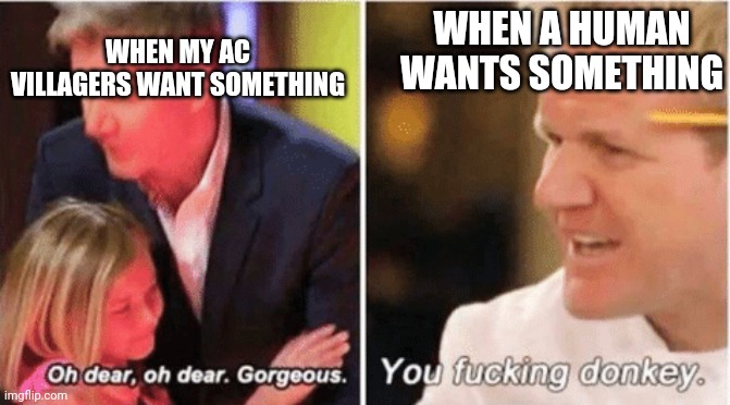 Gordon Ramsey talking to kids vs talking to adults | WHEN MY AC VILLAGERS WANT SOMETHING; WHEN A HUMAN WANTS SOMETHING | image tagged in gordon ramsey talking to kids vs talking to adults | made w/ Imgflip meme maker
