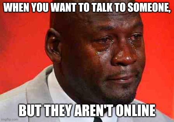 crying michael jordan | WHEN YOU WANT TO TALK TO SOMEONE, BUT THEY AREN'T ONLINE | image tagged in crying michael jordan | made w/ Imgflip meme maker