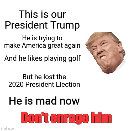 Be Like Bill | This is our President Trump; He is trying to make America great again; And he likes playing golf; But he lost the 2020 President Election; He is mad now; Don't enrage him | image tagged in memes,be like bill | made w/ Imgflip meme maker