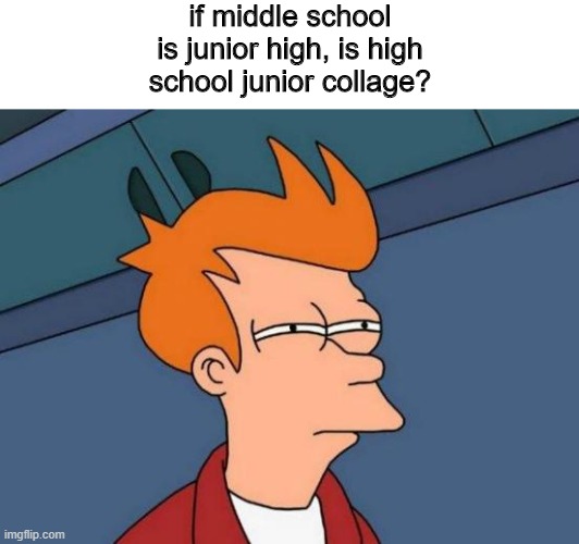 i had this thought for a few days | if middle school is junior high, is high school junior collage? | image tagged in memes,futurama fry | made w/ Imgflip meme maker