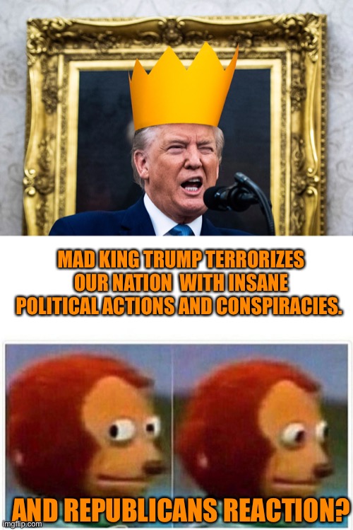 The Mad King growing madder every day | MAD KING TRUMP TERRORIZES OUR NATION  WITH INSANE POLITICAL ACTIONS AND CONSPIRACIES. AND REPUBLICANS REACTION? | image tagged in memes,monkey puppet,donald trump,election fraud,election 2020,incompetence | made w/ Imgflip meme maker