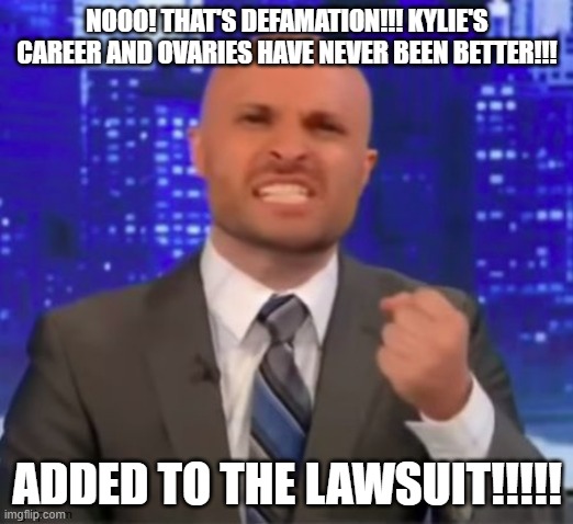 NOOO! THAT'S DEFAMATION!!! KYLIE'S CAREER AND OVARIES HAVE NEVER BEEN BETTER!!! ADDED TO THE LAWSUIT!!!!! | made w/ Imgflip meme maker
