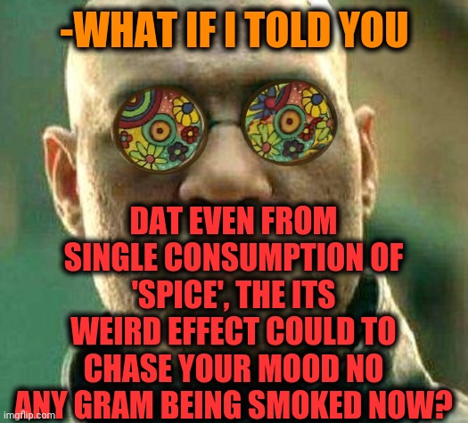 -Present condition. | DAT EVEN FROM SINGLE CONSUMPTION OF 'SPICE', THE ITS WEIRD EFFECT COULD TO CHASE YOUR MOOD NO ANY GRAM BEING SMOKED NOW? -WHAT IF I TOLD YOU | image tagged in acid kicks in morpheus,present,perfection,spice girls,drugs are bad,anxiety | made w/ Imgflip meme maker
