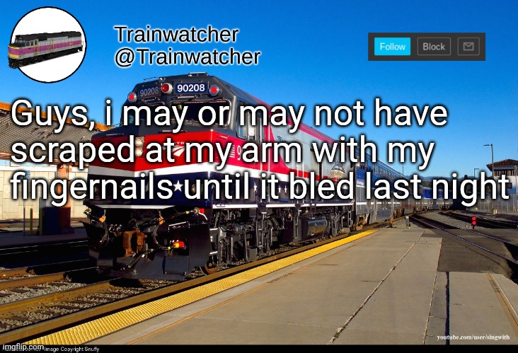 Trainwatcher Announcement 4 | Guys, i may or may not have scraped at my arm with my fingernails until it bled last night | image tagged in trainwatcher announcement 4 | made w/ Imgflip meme maker
