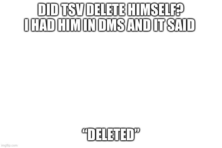 Not TSV | DID TSV DELETE HIMSELF?
I HAD HIM IN DMS AND IT SAID; “DELETED” | image tagged in nooo,tsv go brrrrr | made w/ Imgflip meme maker