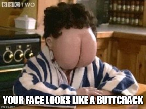 Butt face | YOUR FACE LOOKS LIKE A BUTTCRACK | image tagged in butt face | made w/ Imgflip meme maker