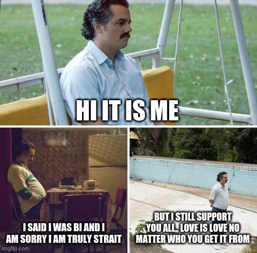 Sad Pablo Escobar | HI IT IS ME; I SAID I WAS BI AND I AM SORRY I AM TRULY STRAIT; BUT I STILL SUPPORT YOU ALL,, LOVE IS LOVE NO MATTER WHO YOU GET IT FROM | image tagged in memes,sad pablo escobar | made w/ Imgflip meme maker