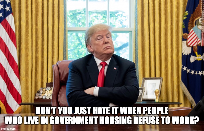 Trump remains bunkered in the White House as the world spins on! | DON'T YOU JUST HATE IT WHEN PEOPLE WHO LIVE IN GOVERNMENT HOUSING REFUSE TO WORK? | image tagged in donald trump,loser,lazy bones,election 2020,trump for prison 2021,fake president | made w/ Imgflip meme maker