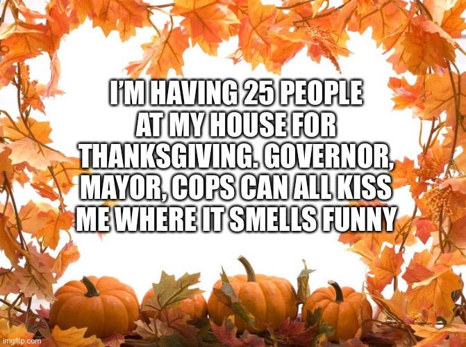 Seriously, they can all kiss my ass. Please arrest me for having dinner in my own home | I’M HAVING 25 PEOPLE AT MY HOUSE FOR THANKSGIVING. GOVERNOR, MAYOR, COPS CAN ALL KISS ME WHERE IT SMELLS FUNNY | image tagged in happy thanksgiving,revolutionary act | made w/ Imgflip meme maker