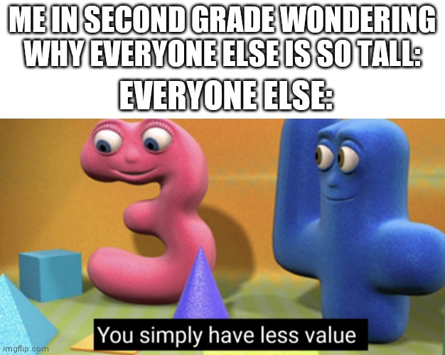 lEsS vAlUe |  ME IN SECOND GRADE WONDERING WHY EVERYONE ELSE IS SO TALL:; EVERYONE ELSE: | image tagged in you simply have less value | made w/ Imgflip meme maker