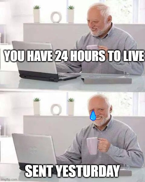 true story:( | YOU HAVE 24 HOURS TO LIVE; SENT YESTURDAY | image tagged in memes,hide the pain harold | made w/ Imgflip meme maker