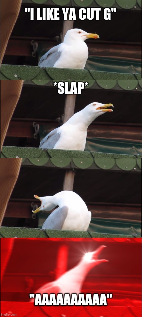 Inhaling Seagull Meme | "I LIKE YA CUT G"; *SLAP*; "AAAAAAAAAA" | image tagged in memes,inhaling seagull | made w/ Imgflip meme maker