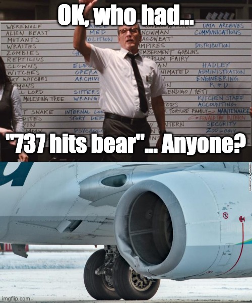 OK, who had... "737 hits bear"... Anyone? | image tagged in cabin the the woods | made w/ Imgflip meme maker
