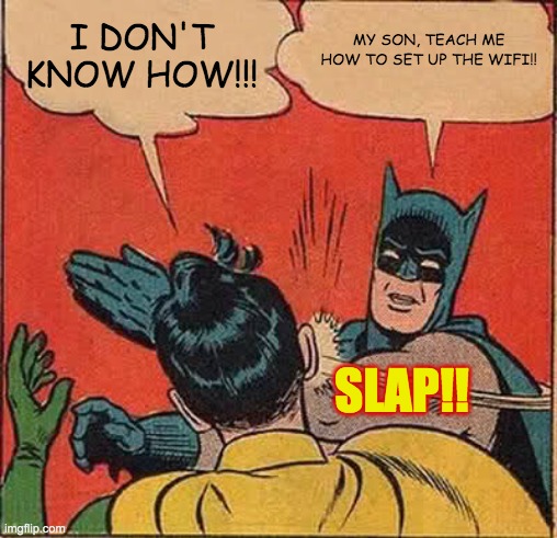 setting up the wifi | I DON'T KNOW HOW!!! MY SON, TEACH ME HOW TO SET UP THE WIFI!! SLAP!! | image tagged in memes,batman slapping robin | made w/ Imgflip meme maker