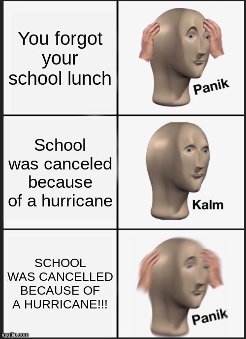 Lunch, hurricane, HURRICANE!!! |  You forgot your school lunch; School was canceled because of a hurricane; SCHOOL WAS CANCELLED BECAUSE OF A HURRICANE!!! | image tagged in memes,panik kalm panik | made w/ Imgflip meme maker