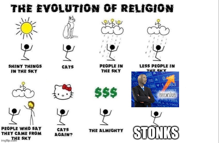 stonks | STONKS | image tagged in the evolution of religion | made w/ Imgflip meme maker