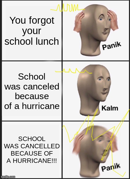 panik kalm panik | You forgot your school lunch; School was canceled because of a hurricane; SCHOOL WAS CANCELLED BECAUSE OF A HURRICANE!!! | image tagged in memes,panik kalm panik | made w/ Imgflip meme maker