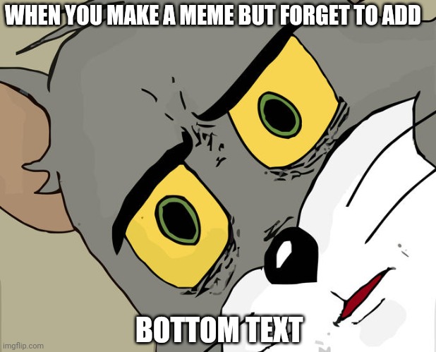 Unsettled Tom Meme | WHEN YOU MAKE A MEME BUT FORGET TO ADD; BOTTOM TEXT | image tagged in memes,unsettled tom | made w/ Imgflip meme maker