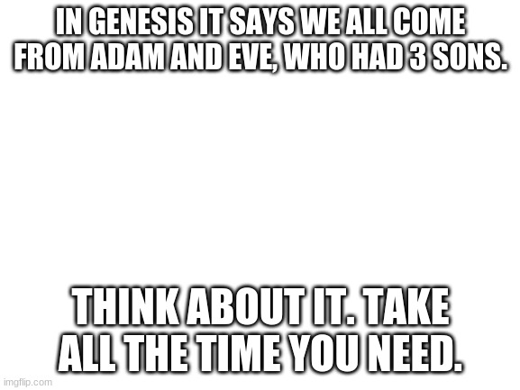 T H I N K | IN GENESIS IT SAYS WE ALL COME FROM ADAM AND EVE, WHO HAD 3 SONS. THINK ABOUT IT. TAKE ALL THE TIME YOU NEED. | image tagged in blank white template | made w/ Imgflip meme maker