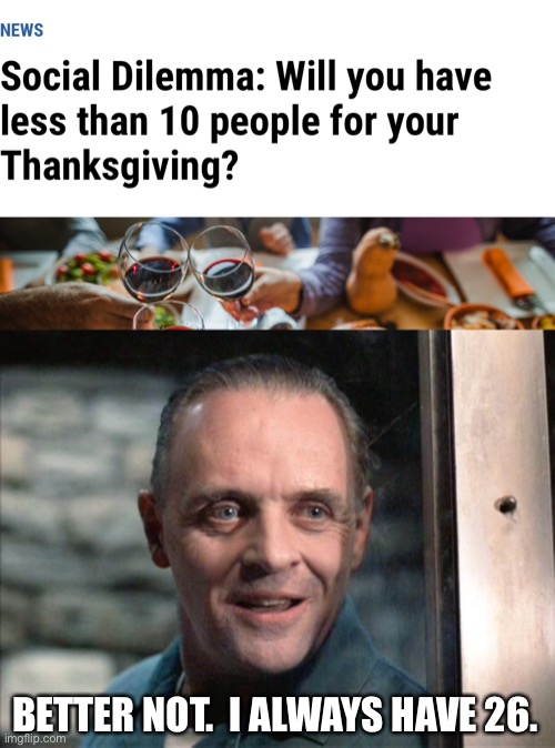 Delicious people! | BETTER NOT.  I ALWAYS HAVE 26. | image tagged in hannibal lecter,news,funny,silence of the lambs,thanksgiving,memes | made w/ Imgflip meme maker