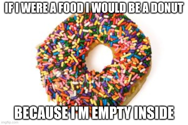 Not because I'm so sweet | IF I WERE A FOOD I W0ULD BE A DONUT; BECAUSE I'M EMPTY INSIDE | image tagged in donut | made w/ Imgflip meme maker