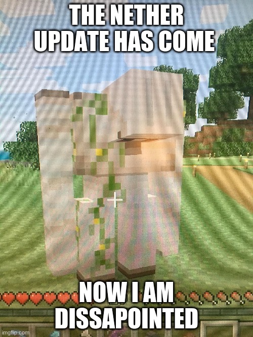 Depressed Iron Golem | THE NETHER UPDATE HAS COME; NOW I AM DISSAPOINTED | image tagged in depressed iron golem | made w/ Imgflip meme maker