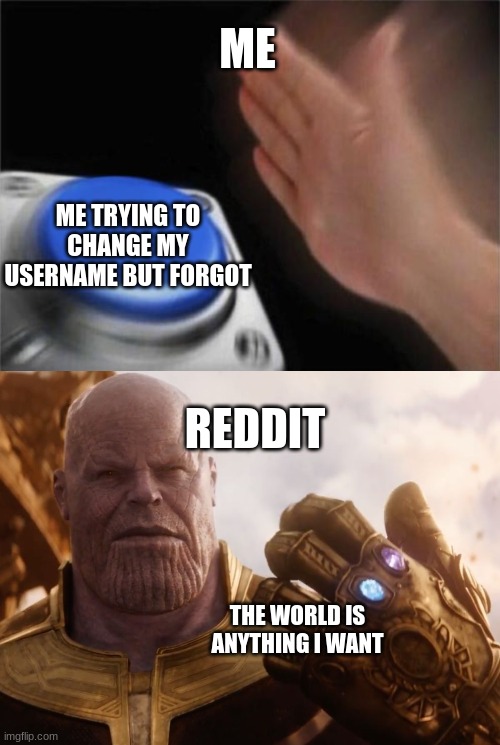 ME; ME TRYING TO CHANGE MY USERNAME BUT FORGOT; REDDIT; THE WORLD IS ANYTHING I WANT | image tagged in memes,blank nut button,thanos smile | made w/ Imgflip meme maker