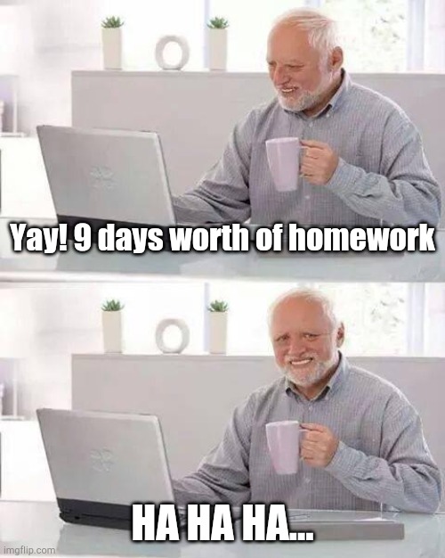 AHHHHHHHHHHHH | Yay! 9 days worth of homework; HA HA HA... | image tagged in memes,hide the pain harold,sarcastic,homework,school | made w/ Imgflip meme maker