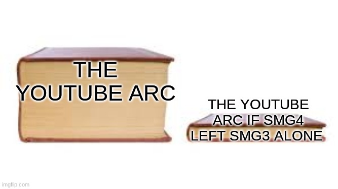 smg4 youtube arc | THE YOUTUBE ARC; THE YOUTUBE ARC IF SMG4 LEFT SMG3 ALONE | image tagged in big book small book | made w/ Imgflip meme maker