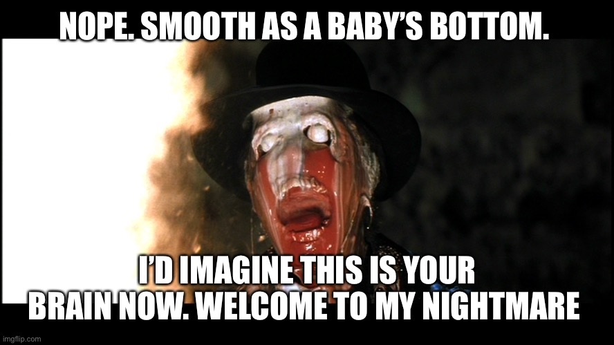 Indiana Jones Face Melt | NOPE. SMOOTH AS A BABY’S BOTTOM. I’D IMAGINE THIS IS YOUR BRAIN NOW. WELCOME TO MY NIGHTMARE | image tagged in indiana jones face melt | made w/ Imgflip meme maker