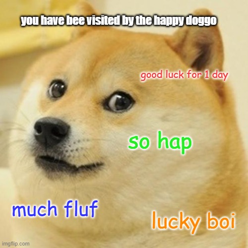 happy doggo | you have bee visited by the happy doggo; good luck for 1 day; so hap; much fluf; lucky boi | image tagged in memes,doge | made w/ Imgflip meme maker