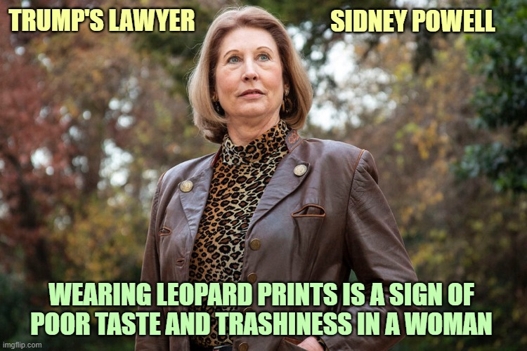 This scumbag piece of trash wants to throw out your vote! | SIDNEY POWELL; TRUMP'S LAWYER; WEARING LEOPARD PRINTS IS A SIGN OF
POOR TASTE AND TRASHINESS IN A WOMAN | image tagged in donald trump you're fired,sidney powell,white trash,election 2020,voter fraud,scumbag lawyer | made w/ Imgflip meme maker
