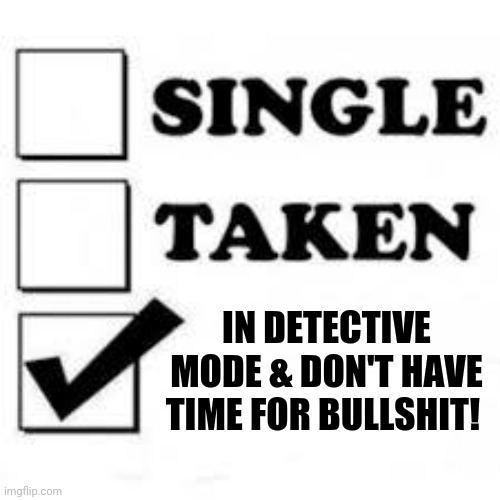 Single Taken In Detective Mode & don't have time for bullshit! | IN DETECTIVE MODE & DON'T HAVE TIME FOR BULLSHIT! | image tagged in single taken priorities | made w/ Imgflip meme maker