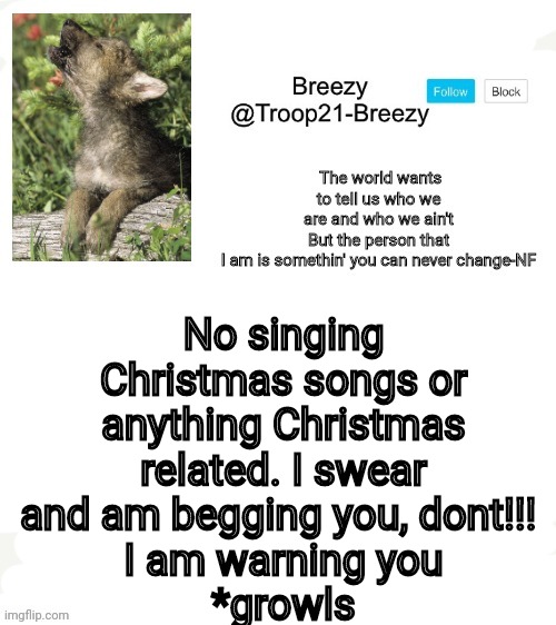 *mutters swear words | No singing Christmas songs or anything Christmas related. I swear and am begging you, dont!!! 
I am warning you
*growls | image tagged in trooper21-breezy template | made w/ Imgflip meme maker