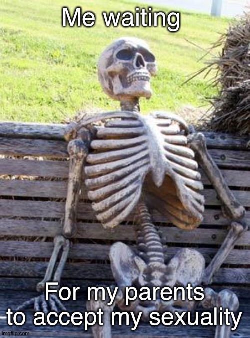 Waiting Skeleton Meme | Me waiting; For my parents to accept my sexuality | image tagged in memes,waiting skeleton | made w/ Imgflip meme maker