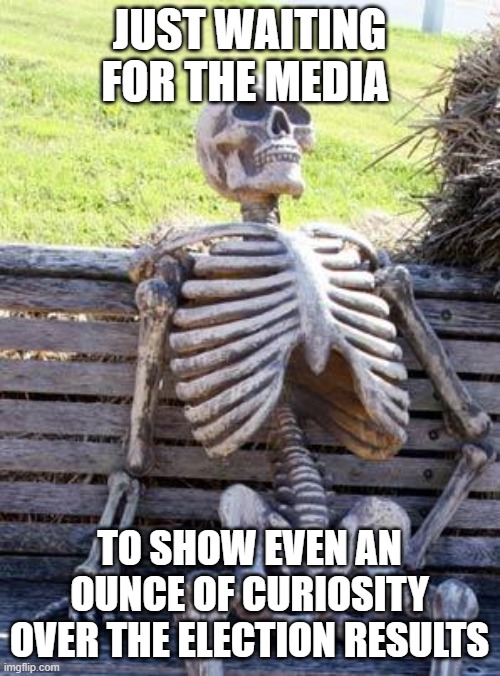 Waiting Skeleton | JUST WAITING FOR THE MEDIA; TO SHOW EVEN AN OUNCE OF CURIOSITY OVER THE ELECTION RESULTS | image tagged in memes,waiting skeleton | made w/ Imgflip meme maker