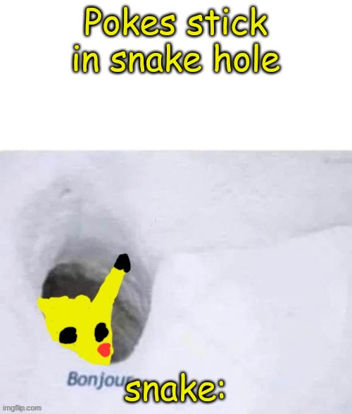 Pikachu Bonjour | Pokes stick in snake hole; snake: | image tagged in pikachu bonjour | made w/ Imgflip meme maker