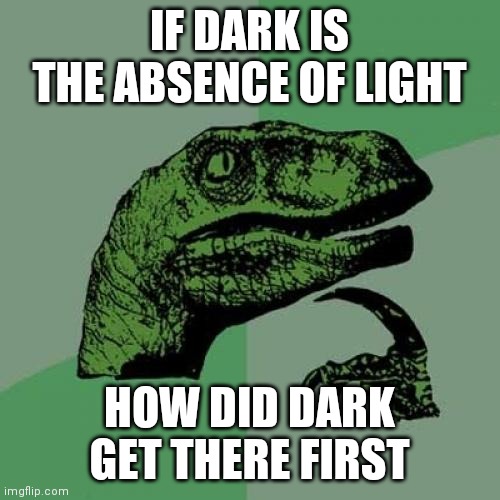 Philosoraptor Meme | IF DARK IS THE ABSENCE OF LIGHT; HOW DID DARK GET THERE FIRST | image tagged in memes,philosoraptor | made w/ Imgflip meme maker