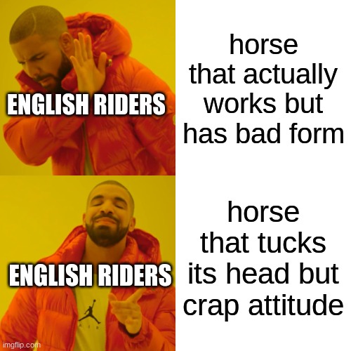 Rider Preferance | horse that actually works but has bad form; ENGLISH RIDERS; horse that tucks its head but crap attitude; ENGLISH RIDERS | image tagged in memes,drake hotline bling | made w/ Imgflip meme maker