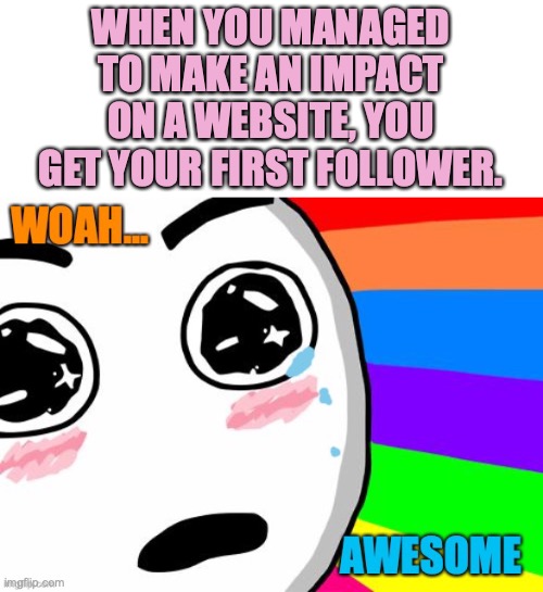 The first impact you have on someone. | WHEN YOU MANAGED TO MAKE AN IMPACT ON A WEBSITE, YOU GET YOUR FIRST FOLLOWER. | image tagged in wholesome,awesome,sweet,followers,imgflip users,thank you | made w/ Imgflip meme maker