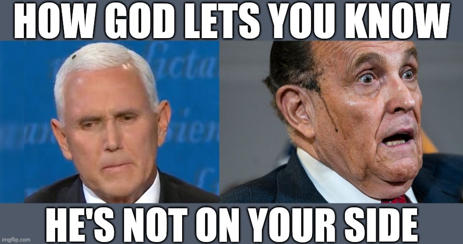 HOW GOD LETS YOU KNOW; HE'S NOT ON YOUR SIDE | image tagged in mike pence fly debate,rudy giuliani | made w/ Imgflip meme maker