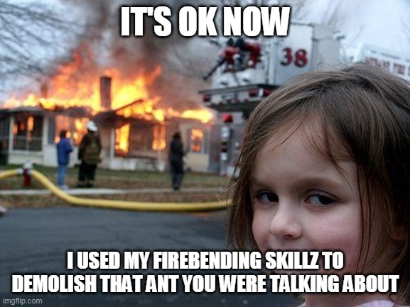 Disaster Girl Meme | IT'S OK NOW; I USED MY FIREBENDING SKILLZ TO DEMOLISH THAT ANT YOU WERE TALKING ABOUT | image tagged in memes,disaster girl | made w/ Imgflip meme maker