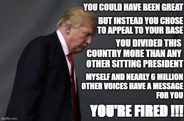 Sad Pathetic Trump | YOU COULD HAVE BEEN GREAT; BUT INSTEAD YOU CHOSE TO APPEAL TO YOUR BASE; YOU DIVIDED THIS 
COUNTRY MORE THAN ANY 
OTHER SITTING PRESIDENT; MYSELF AND NEARLY 6 MILLION
OTHER VOICES HAVE A MESSAGE
FOR YOU; YOU'RE FIRED !!! | image tagged in sad trump | made w/ Imgflip meme maker