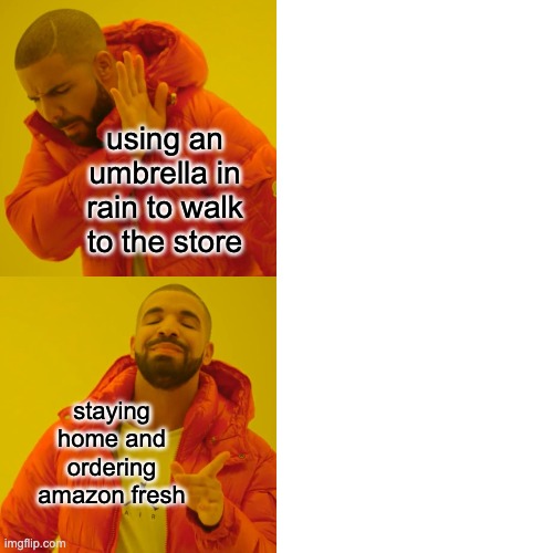 deciding wether to be lazy or not | using an umbrella in rain to walk to the store; staying home and ordering amazon fresh | image tagged in memes,drake hotline bling | made w/ Imgflip meme maker