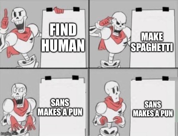 A normal day for papyrus. | MAKE SPAGHETTI; FIND HUMAN; SANS MAKES A PUN; SANS MAKES A PUN | image tagged in papyrus plan | made w/ Imgflip meme maker