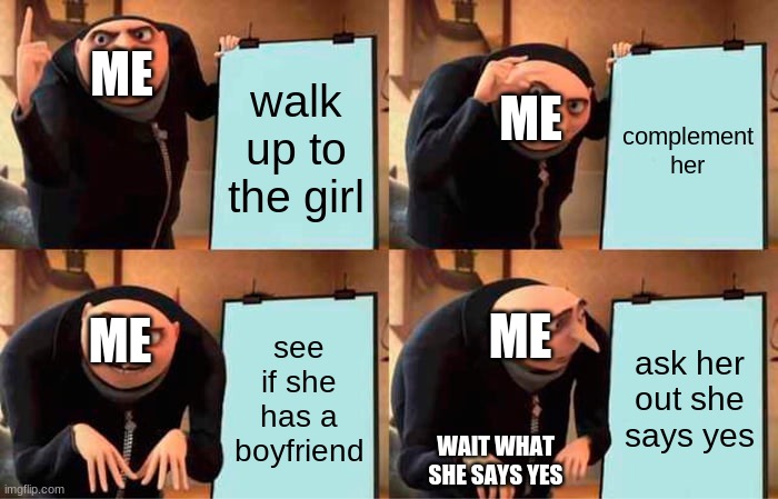grus plan to ask out a girl upvote if you like it |  ME; walk up to the girl; ME; complement her; ME; ME; see if she has a boyfriend; ask her out she says yes; WAIT WHAT SHE SAYS YES | image tagged in memes,gru's plan | made w/ Imgflip meme maker