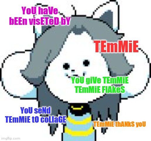 YoU haVe bEEn visETeD bY TEmMiE YoU giVe TEmMiE TEmMiE FlAkeS YoU seNd TEmMiE tO coLlaGE TEmMiE thANkS yoU | image tagged in temmie | made w/ Imgflip meme maker
